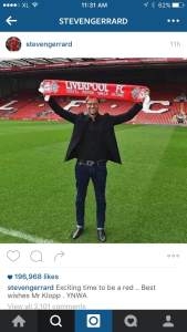 Steven Gerrard melalui akun instagramnya, menyampaikan kesannya atas terpilihnya Jurgen Klopp sebagai manager LFC.